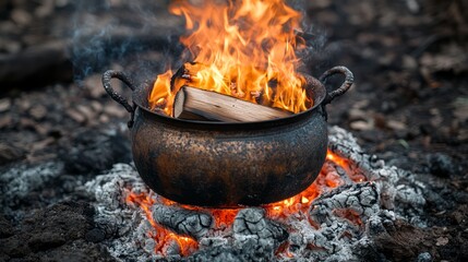 Rustic copper pot on campfire with burning wood.