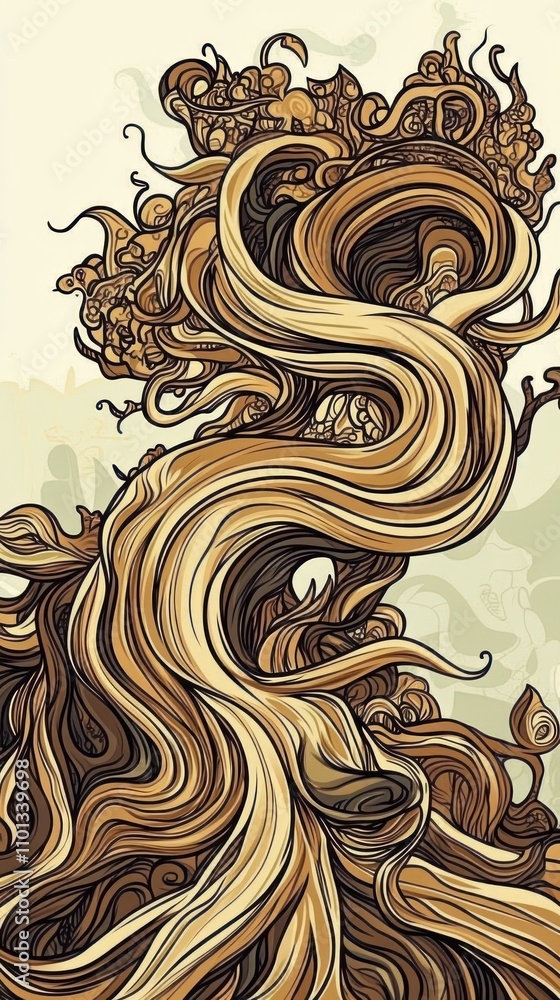 Poster an intricate illustration of flowing tree-like forms with stylized leaves and roots.