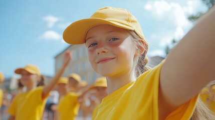 Fototapeta premium Smiling young girl in yellow T-shirt and cap takes selfie against the backdrop of dancing children.