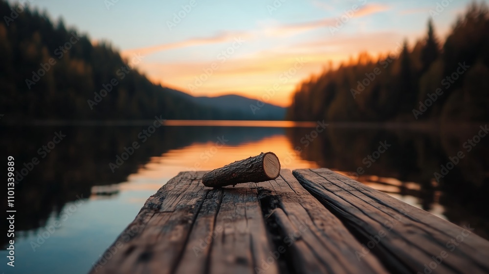 Poster beautiful sunset over a calm lake with a log resting on a wooden dock surrounded by trees