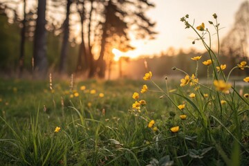 Golden hour meadow bathed in sunset light, delicate yellow wildflowers swaying gently in the warm breeze