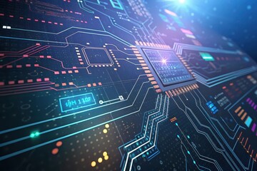 A Close-Up View of an Intricate Circuit Board with Glowing Pathways and a Central Processing Unit
