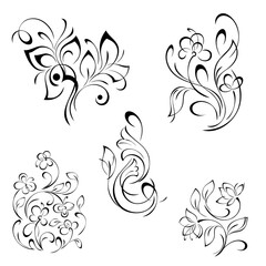 decorative element with a floral pattern of stylized flowers on curved stems with leaves and curls; graphic design; SET