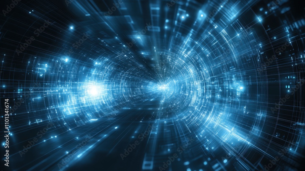 Aufkleber a digital tunnel of light and data, representing technology and futuristic concepts.