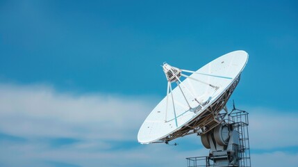 photograph of A white satellite dish against the blue sky, symbolizing advanced communication technology and global connectivity.