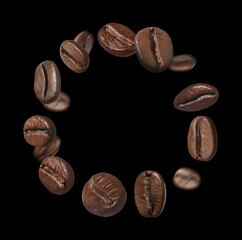 Aromatic roasted coffee beans whirling in air on black background