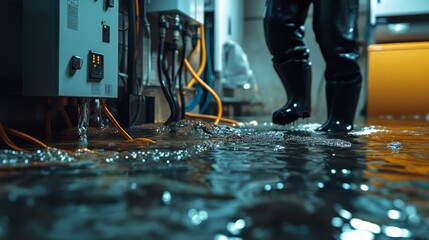 Mopping up flooded electrical room with water damage from snowmelt or pipe burst defocused electrical cable visible. concept water damage restoration, electrical room, flood cleanup, snowmelt damage. 