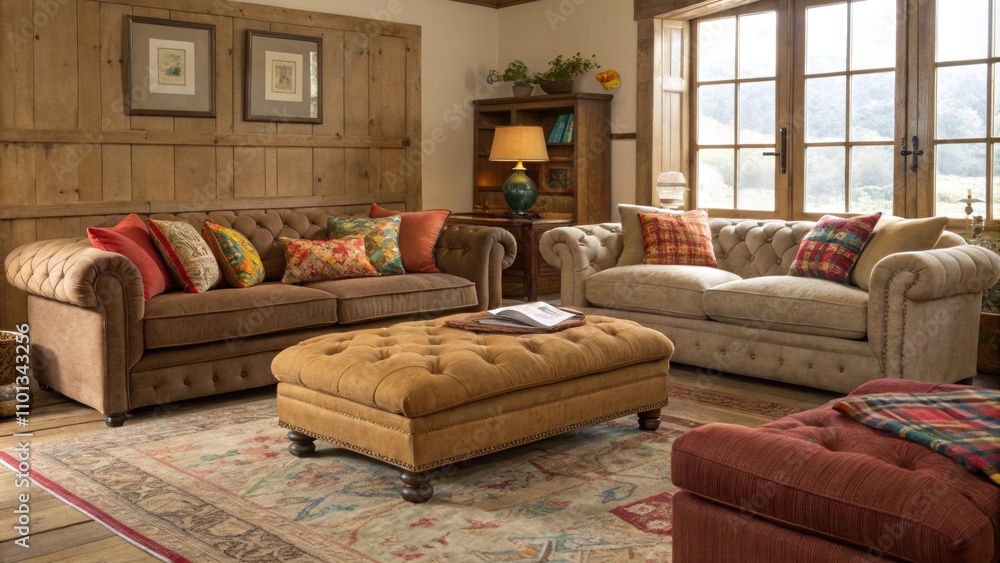 Poster plush overstuffed seating arrangements invite relaxation with rich textured fabrics that enhance the