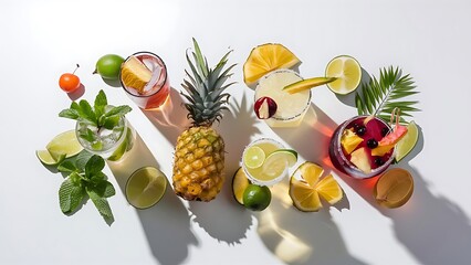 Exotic alcohol drinks set with fruits isolated on white background