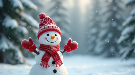 Obraz premium Snowman smiling standing on snow near fir trees. Cute New Year, Christmas character smiling in red mittens, scarf and hat.,