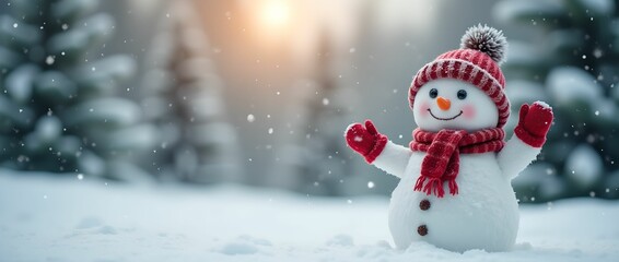 Obraz premium Snowman smiling standing on snow near fir trees. Cute New Year, Christmas character smiling in red mittens, scarf and hat.,