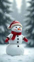 Fototapeta premium Snowman smiling standing on snow near fir trees. Cute New Year, Christmas character smiling in red mittens, scarf and hat.,