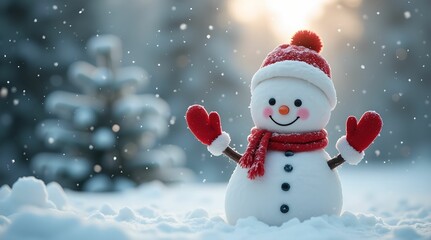 Obraz premium Snowman smiling standing on snow near fir trees. Cute New Year, Christmas character smiling in red mittens, scarf and hat.,