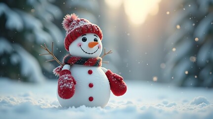Snowman smiling standing on snow near fir trees. Cute New Year, Christmas character smiling in red mittens, scarf and hat.,