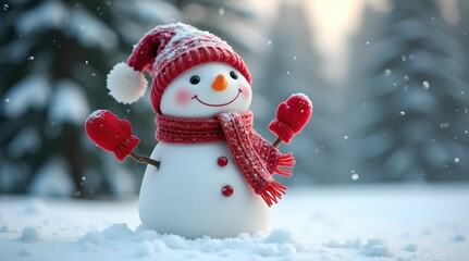 Fototapeta premium Snowman smiling standing on snow near fir trees. Cute New Year, Christmas character smiling in red mittens, scarf and hat.,