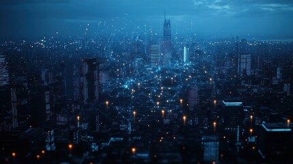 Fototapeta premium Cityscape at Night with Digital Network Overlay