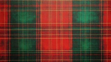 A vibrant red and green plaid fabric with a shiny finish, featuring intricate lines and classic Christmas tartan patterns