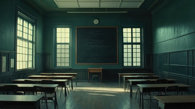 A vintage classroom interior featuring wooden floors, a wall-mounted blackboard, and rows of neatly aligned desks