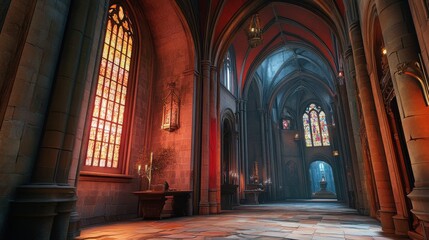 Obraz premium Majestic Cathedral Interior with Stained Glass Windows and Arched Ceilings