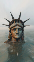 Decaying Statue of Liberty partially submerged in the ocean, with only the head and crown visible above the water. The statue's face shows signs of rust and erosion, symbolizing abandonment