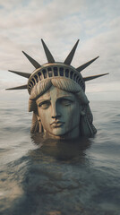 Decaying Statue of Liberty partially submerged in the ocean, with only the head and crown visible above the water. The statue's face shows signs of rust and erosion, symbolizing abandonment