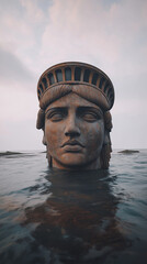 Decaying Statue of Liberty partially submerged in the ocean, with only the head and crown visible above the water. The statue's face shows signs of rust and erosion, symbolizing abandonment