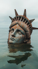 Decaying Statue of Liberty partially submerged in the ocean, with only the head and crown visible above the water. The statue's face shows signs of rust and erosion, symbolizing abandonment