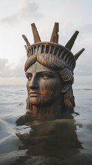 Decaying Statue of Liberty partially submerged in the ocean, with only the head and crown visible above the water. The statue's face shows signs of rust and erosion, symbolizing abandonment