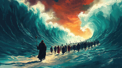 Moses parts the Red Sea as the Israelites cross on dry ground during the Exodus, surrounded by towering waves and a dramatic sunset