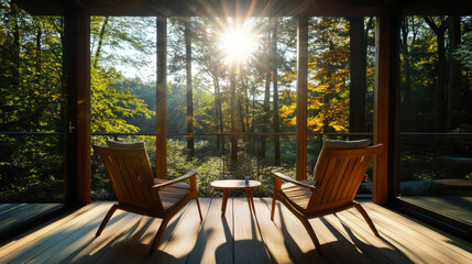 Fototapeta premium Serene cabin porch during golden hour with sun rays streaming through trees in a lush forest