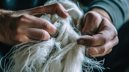 Naklejka premium Close-up of hands holding a skein of yarn, with strands unraveling gently, highlighting the softness and craft potential of the material