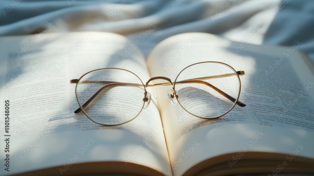 Poster close-up of reading glasses resting on an open book, with soft sunlight casting gentle shadows on th