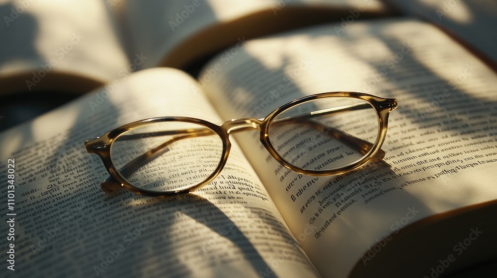Poster close-up of reading glasses resting on an open book, with soft sunlight casting gentle shadows on th