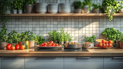 Sunlit Kitchen Countertop: Fresh Tomatoes and Herbs Ready for Cooking 