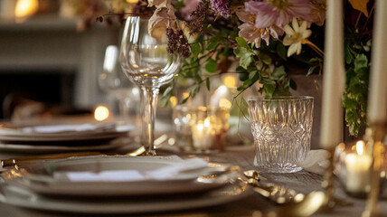 Dining room decor, interior design and autumn holiday celebration, elegant autumnal table decoration with candles and flowers, home decor, wedding and country cottage style idea