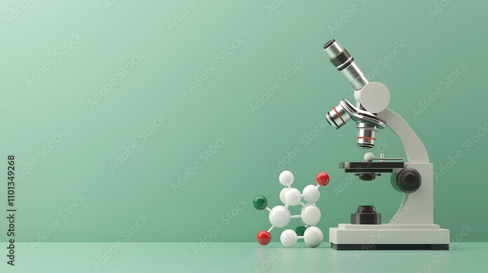 Poster microscope with molecular model on soft green background