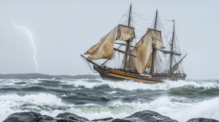 Obraz premium A tall ship navigating turbulent seas during a storm at dawn, showcasing its majestic sails and sturdy construction