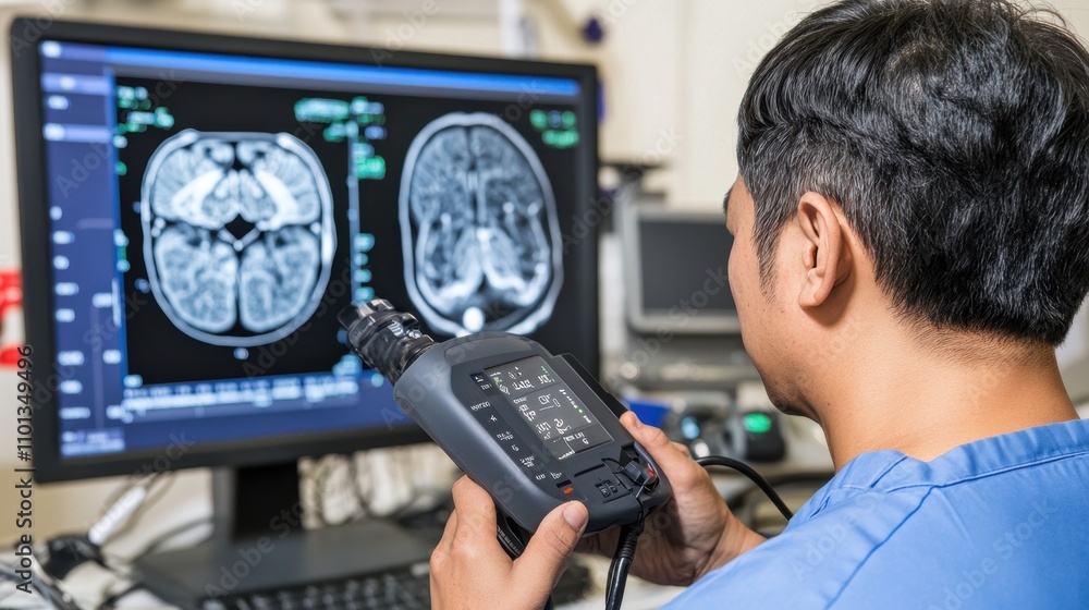Poster radiologist examining brain scan images on computer monitor