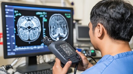 Obraz premium Radiologist Examining Brain Scan Images on Computer Monitor