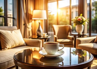 Fototapeta premium Cozy Hotel Coffee Experience: A Perfect Morning with Aromatic Brew and Scenic Views in a Luxurious Setting