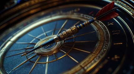 Naklejka premium Risk management business goal strategy concept using a bullseye arrow and dart. Risk Mitigation. Ultra realistic. Photorealistic hypermaximalist advertising photography hyper realistic fine detail