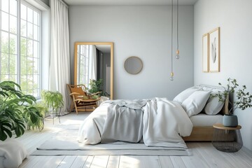 Fototapeta premium Modern Scandinavian bedroom design with light gray walls, white bedding. Cozy atmosphere with houseplants. Wooden floors, furniture create warm feel. Simple decor. Natural light from large windows.