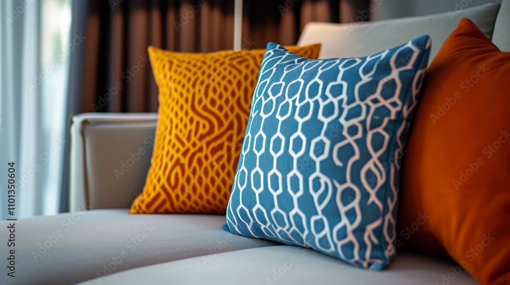 Poster stylish geometric patterned pillows in orange and blue sit on a neutral sofa, adding a pop of color 
