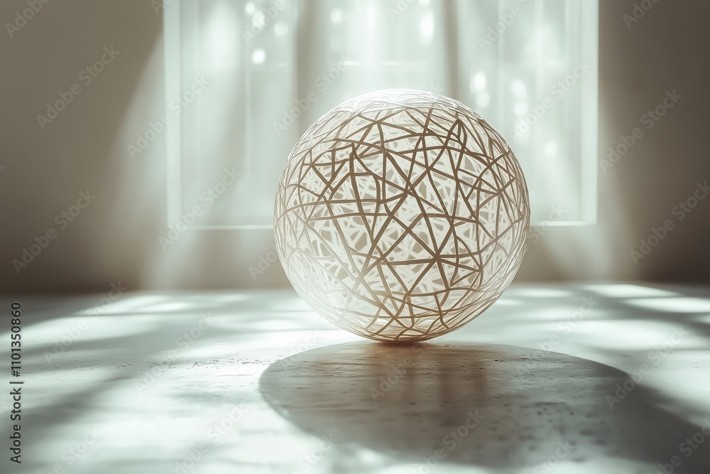 Poster elegant spherical sculpture casting intricate shadows in soft light by the window
