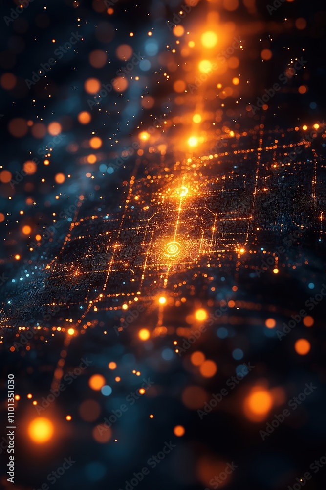 Poster exploring the glowing particle network in a digitally lit landscape by ai