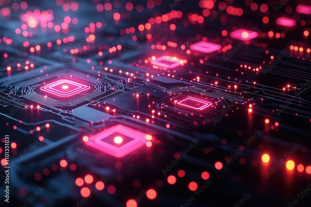 Poster exploring vibrant digital circuits with glowing connections and intricate patterns