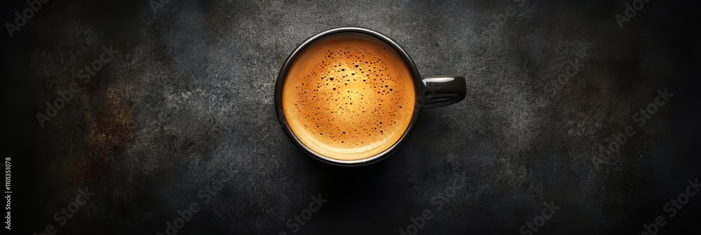 Poster cup of fresh, hot coffee on a dark background with ample copy space for text or design elements