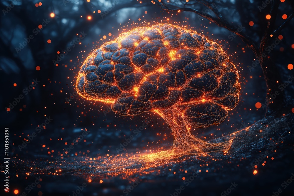 Poster artificial intelligence visualization of a glowing brain in an enchanted forest at night