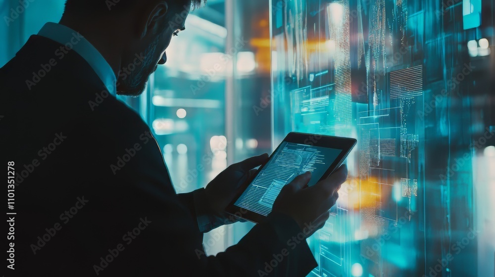 Aufkleber risk management, integral technology, businessman use tablet and collaborate with structure of risk 