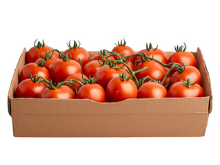 Closeup of a box filled with vibrant red tomatoes, showcasing their freshness and readiness for consumption.